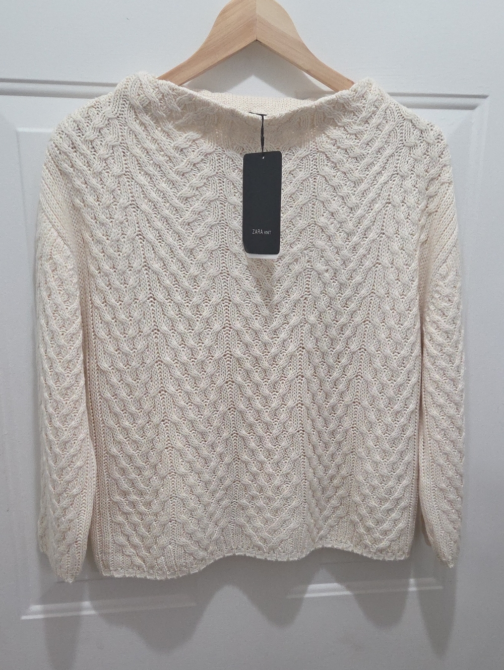 NWT Zara Ecru/Cream Chevron Cable-Knit Boatneck Sweater S